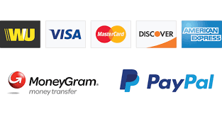 PayPal, VISA, Master Card, American Express, Western Union, Money Gram